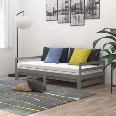 vidaXL Καναπές Κρεβάτι Συρόμενος Γκρι 2x(90x200)cm Μασίφ Ξύλο Πεύκου 1 τεμ. - Μονό