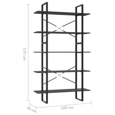 vidaXL Βιβλιοθήκη με 5 Ράφια Γκρι 100x30x175cm από Επεξ. Ξύλο 1 τεμ.