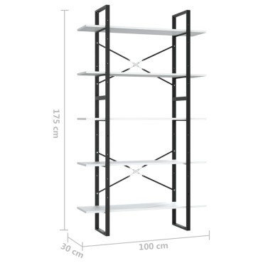 vidaXL Βιβλιοθήκη με 5 Ράφια Λευκή 100x30x175cm από Επεξ. Ξύλο 1 τεμ.