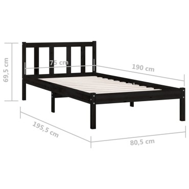 vidaXL Πλαίσιο Κρεβατιού Μαύρο 75x190εκ Μασίφ Ξύλο Πεύκου Small Single