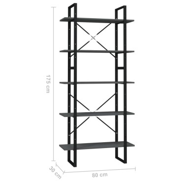 vidaXL Βιβλιοθήκη με 5 Ράφια Γκρι 80x30x175cm από Επεξ. Ξύλο 1 τεμ.