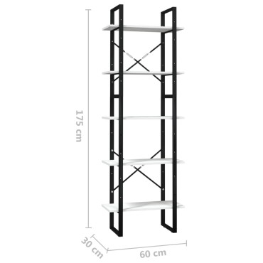 vidaXL Βιβλιοθήκη με 5 Ράφια Λευκή 60x30x175cm από Ξύλο Πεύκου 1 τεμ.