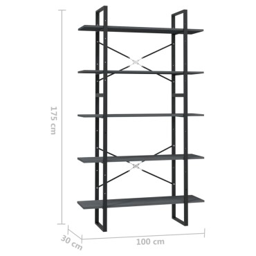 vidaXL Βιβλιοθήκη με 5 Ράφια Γκρι 100x30x175cm από Ξύλο Πεύκου 1 τεμ.