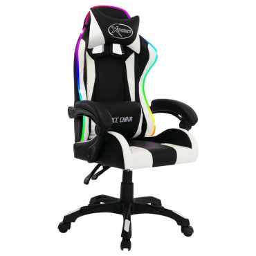 vidaXL Καρέκλα Racing με Φωτισμό RGB LED Ασπρόμαυρη Συνθετικό Δέρμα 64x65x(111,5-119)cm 1 τεμ.