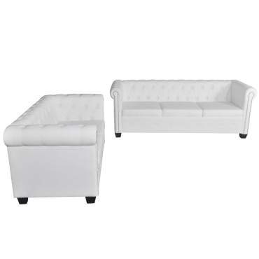 vidaXL Καναπέδες Chesterfield Διθέσιος + Τριθέσιος Λευκό Συνθ. Δέρμα 145,5x76x70cm