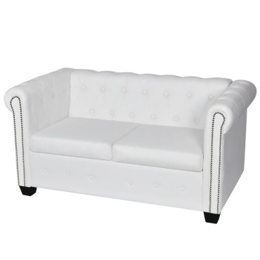 vidaXL Καναπέδες Chesterfield Διθέσιος + Τριθέσιος Λευκό Συνθ. Δέρμα 145,5x76x70cm