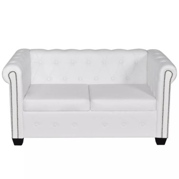 vidaXL Καναπέδες Chesterfield Διθέσιος + Τριθέσιος Λευκό Συνθ. Δέρμα 145,5x76x70cm