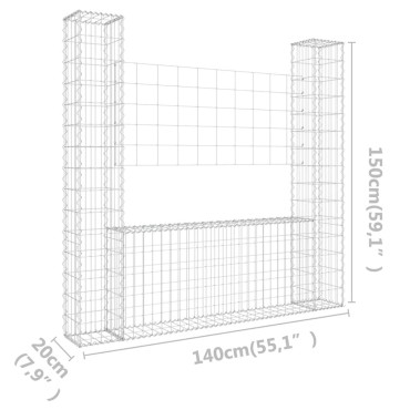 vidaXL Συρματοκιβώτιο σε U Σχήμα με 2 Στύλους 140x20x150cm Σιδερένιο