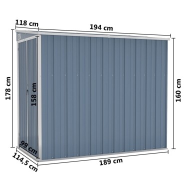 vidaXL Αποθήκη Κήπου Επιτοίχια Γκρι 118x194x178 εκ από Γαλβ. Ατσάλι