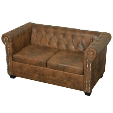 vidaXL Καναπές Διθέσιος Chesterfield Καφέ από Συνθετικό Δέρμα 145,5x76x70cm 1 τεμ.
