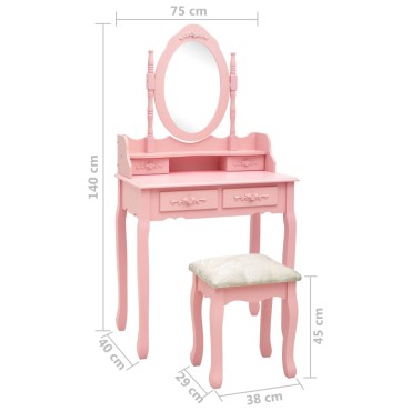vidaXL Μπουντουάρ με Σκαμπό Ροζ 75x69x140cm Ξύλο Παυλώνιας 1 τεμ.