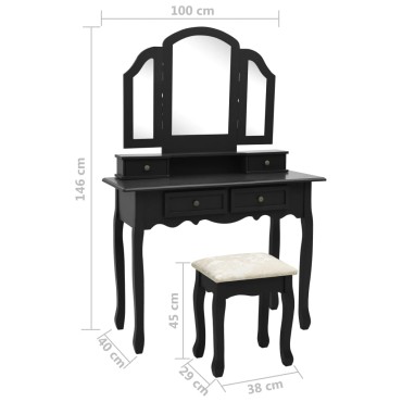 vidaXL Μπουντουάρ με Σκαμπό Μαύρο 100x40x146cm Ξύλο Παυλώνιας 1 τεμ.