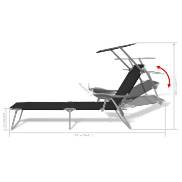 vidaXL Ξαπλώστρα Μαύρη Ατσάλινη με Σκίαστρο 58x189x27cm 1 τεμ.