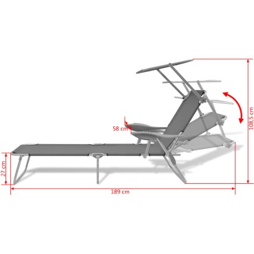 vidaXL Ξαπλώστρα Γκρι Ατσάλινη με Σκίαστρο 58x189x27cm 1 τεμ.