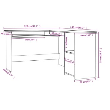 vidaXL Γραφείο Γωνιακό Λευκό 120x140x75cm από Επεξ. Ξύλο 1 τεμ.
