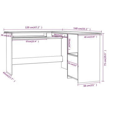 vidaXL Γραφείο Γωνιακό Λευκό 120x140x75cm από Μοριοσανίδα 1 τεμ.