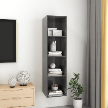 vidaXL Έπιπλο Τηλεόρασης Κρεμαστό Γυαλ.Γκρι 37x37x142,5cm Επεξ. Ξύλο