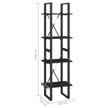 vidaXL Βιβλιοθήκη με 4 Ράφια Μαύρη 40x30x140cm από Μασίφ Ξύλο Πεύκου 1 τεμ.