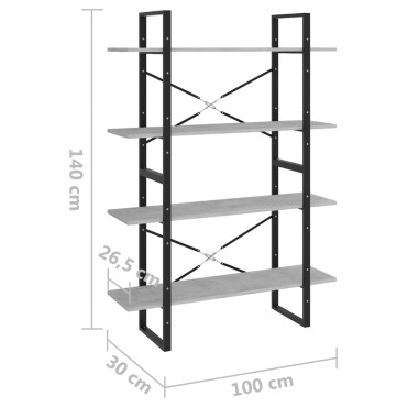 vidaXL Βιβλιοθήκη με 4 Ράφια Γκρι Σκυροδέμ. 100x30x140cm Επεξ. Ξύλο 1 τεμ.