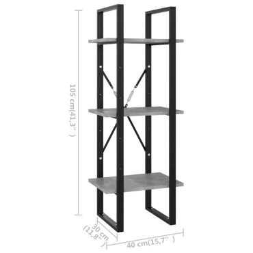 vidaXL Βιβλιοθήκη με 3 Ράφια Γκρι Σκυροδέματος 40x30x105cm Επεξ. Ξύλο 1 τεμ.
