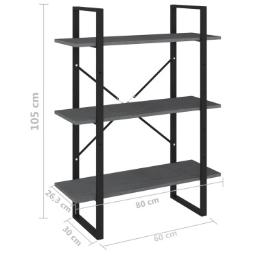 vidaXL Βιβλιοθήκη με 3 Ράφια Γκρι 80x30x105cm από Μασίφ Ξύλο Πεύκου 1 τεμ.