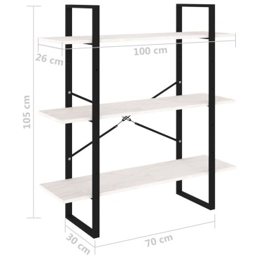 vidaXL Βιβλιοθήκη με 3 Ράφια Λευκή 100x30x105cm από Μασίφ Ξύλο Πεύκου 1 τεμ.