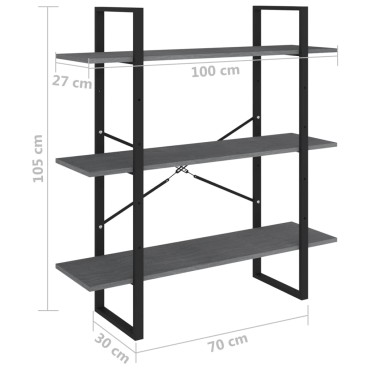 vidaXL Βιβλιοθήκη με 3 Ράφια Γκρι 100x30x105cm από Μασίφ Ξύλο Πεύκου 1 τεμ.