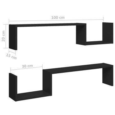 vidaXL Ραφιέρες Τοίχου 2 τεμ. Μαύρες 100x15x20cm από Μοριοσανίδα