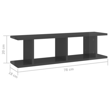 vidaXL Ραφιέρες Τοίχου 2 τεμ. Γυαλιστερό Γκρι 75x18x20cm Επεξ. Ξύλο