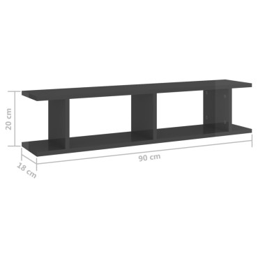 vidaXL Ραφιέρες Τοίχου 2 τεμ. Γυαλιστερό Γκρι 90x18x20cm Επεξ. Ξύλο