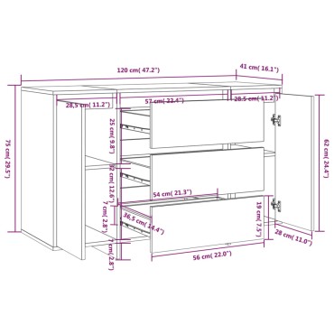 vidaXL Συρταριέρα με 3 Συρτάρια Γυαλ. Λευκό 120x41x75cm από Επεξ. Ξύλο 1 τεμ.