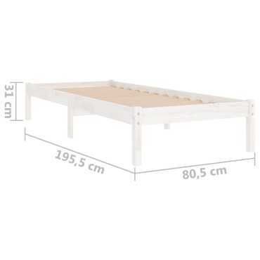 vidaXL Πλαίσιο Κρεβατιού Λευκό 75x190cm Μασίφ Ξύλο Small Single 1 τεμ. - Μονό