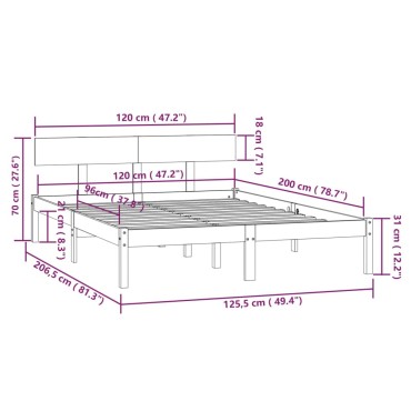 vidaXL Σκελετός Κρεβατιού Χωρίς Στρώμα 120x200 εκ Μασίφ Ξύλο