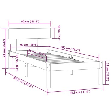vidaXL Πλαίσιο Κρεβατιού Λευκό 90 x 200 εκ. από Μασίφ Ξύλο Πεύκου