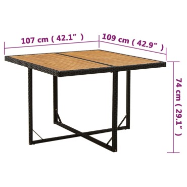 vidaXL Τραπέζι Κήπου Μαύρο 109x107x74cm Συνθετικό Ρατάν/Μασίφ Ακακία 1 τεμ.