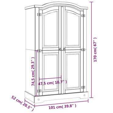 vidaXL Ντουλάπα Δίφυλλη Μεξικάνικο Στιλ Corona Γκρι 101x52x170cm 1 τεμ.