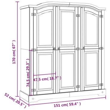 vidaXL Ντουλάπα Τρίφυλλη Μεξικάνικο Στιλ Corona 150,5x52x170cm 1 τεμ.