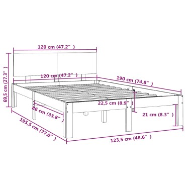 vidaXL Πλαίσιο Κρεβατιού Λευκό 120x190 εκ. Μασίφ Ξύλο Small Double