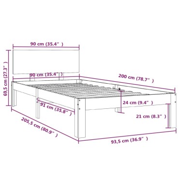 vidaXL Πλαίσιο Κρεβατιού Λευκό 90x200cm από Μασίφ Ξύλο Πεύκου 1 τεμ. - Μονό
