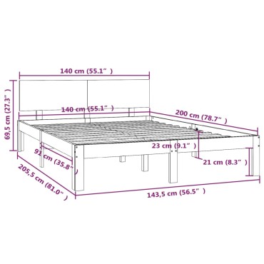 vidaXL Πλαίσιο Κρεβατιού Λευκό 140x200cm από Μασίφ Ξύλο Πεύκου 1 τεμ. - Διπλό