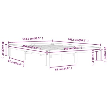 vidaXL Πλαίσιο Κρεβατιού 140x200cm από Μασίφ Ξύλο Πεύκου 1 τεμ. - Διπλό