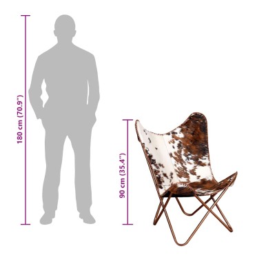 vidaXL Πολυθρόνα Πεταλούδα Καφέ και Λευκό από Γνήσιο Δέρμα Αγελάδας 74x66x90cm 1 τεμ.