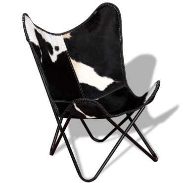 vidaXL Πολυθρόνα Πεταλούδα Μαύρο και Λευκό από Γνήσιο Δέρμα Αγελάδας 74x66x90cm 1 τεμ.