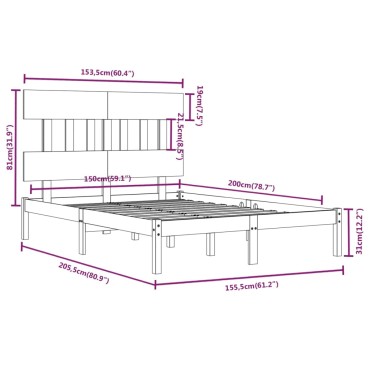 vidaXL Πλαίσιο Κρεβατιού 150x200cm Μασίφ Ξύλο King Size 1 τεμ. - Διπλό