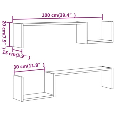 vidaXL Ράφια Τοίχου 2 τεμ. Καφέ Δρυς 100x15x20cm Επεξεργασμένο Ξύλο