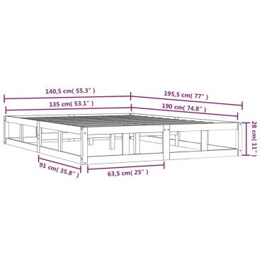 vidaXL Πλαίσιο Κρεβατιού Λευκό 135x190 εκ. από Μασίφ Ξύλο Double