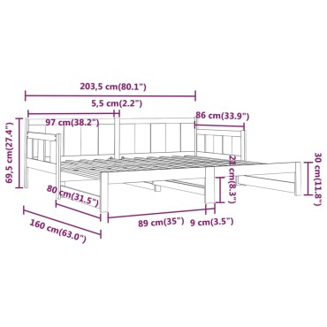 vidaXL Καναπές Κρεβάτι Συρόμενος Λευκός 2x(80x200)cm από Μασίφ Πεύκο 1 τεμ. - Μονό