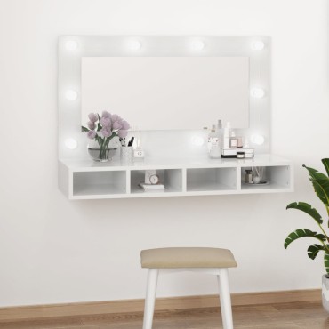 vidaXL Έπιπλο Καθρέπτη με LED Γυαλιστερό Λευκό 90x31,5x62cm 1 τεμ.