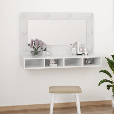 vidaXL Έπιπλο Καθρέπτη με LED Γυαλιστερό Λευκό 90x31,5x62cm 1 τεμ.
