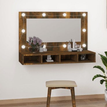 vidaXL Έπιπλο Καθρέπτη με LED Καπνιστή Δρυς 90x31,5x62cm 1 τεμ.